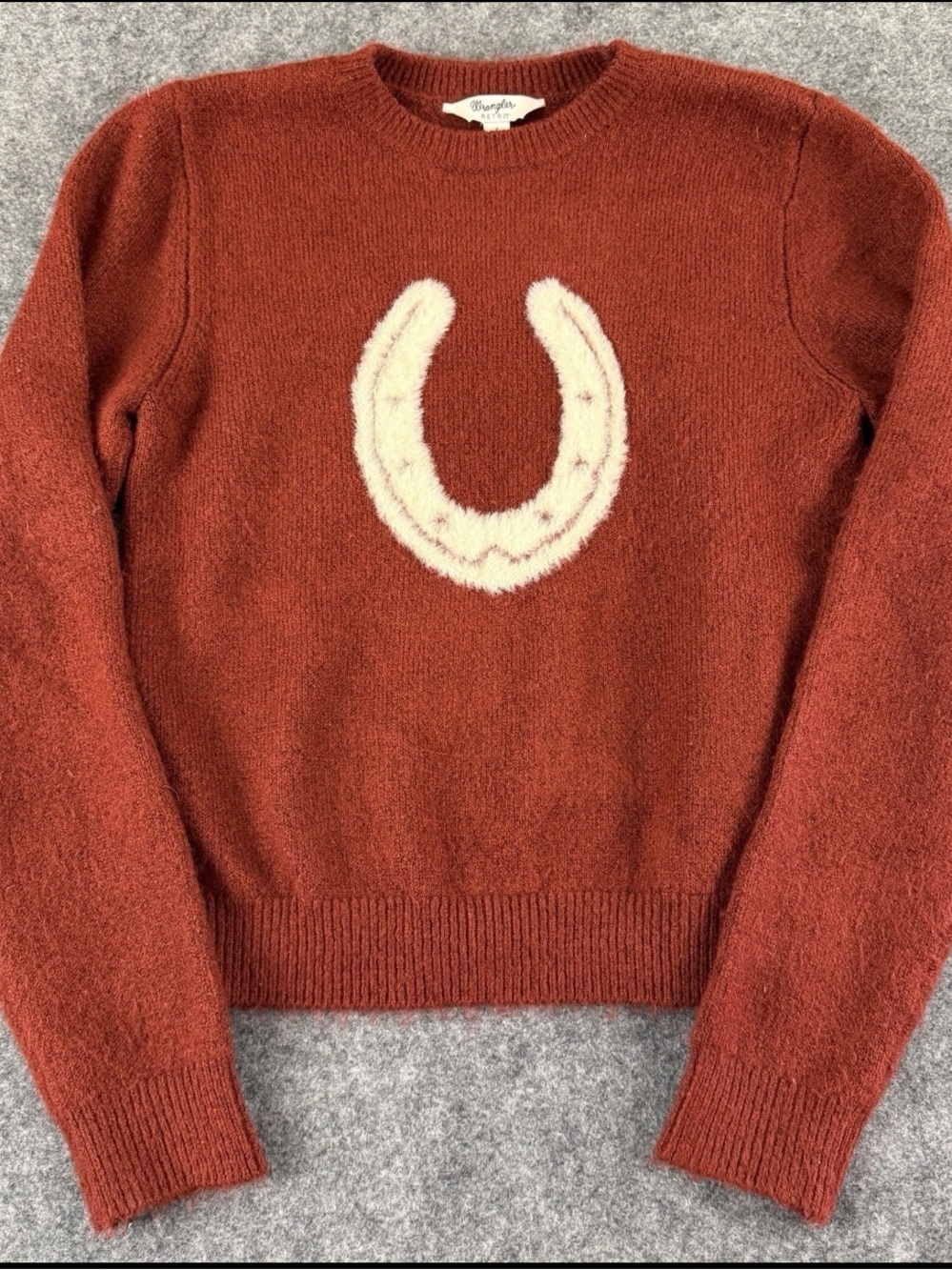 Wrangler Retro Size S Sweater Womens Rust Horseshoe Western Pullover Cottagecore - Picture 2 of 5